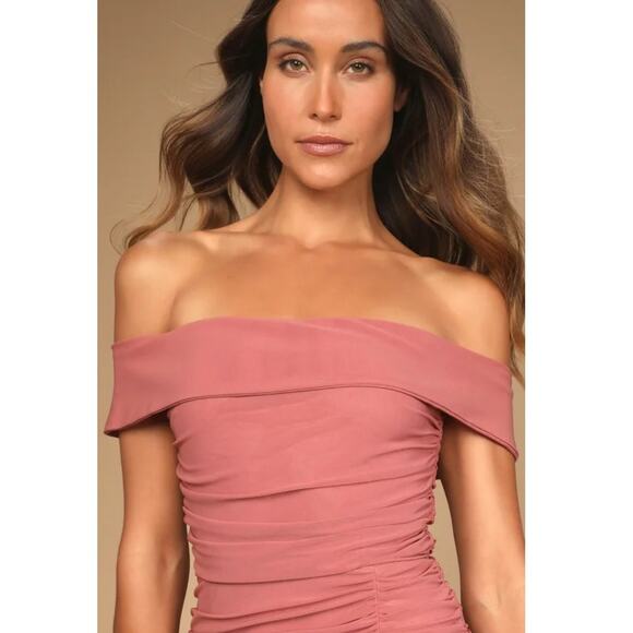 Lulus Revel Romance Formal Dress Size S Off Shoulder Rose Long Maxi Ruched Mesh - Picture 16 of 16